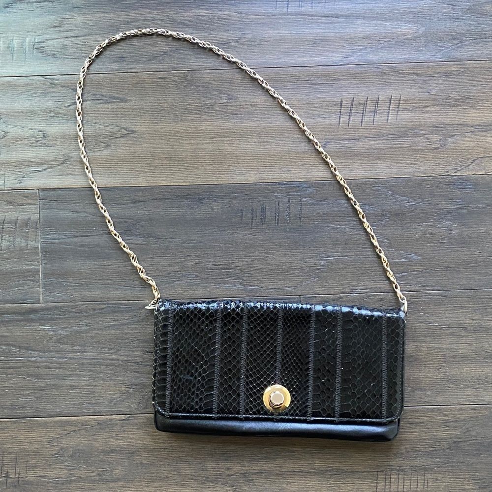 Adrian Chain Strap Clutch Purse Leather 70s  Vintage Reptile Black Gold